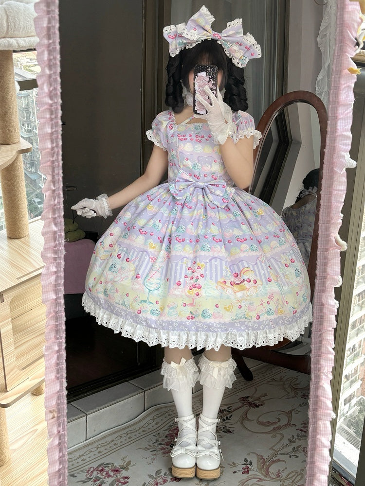 Lila Sommer und Eiscreme Lolita Sweet Cherry Kleid Print