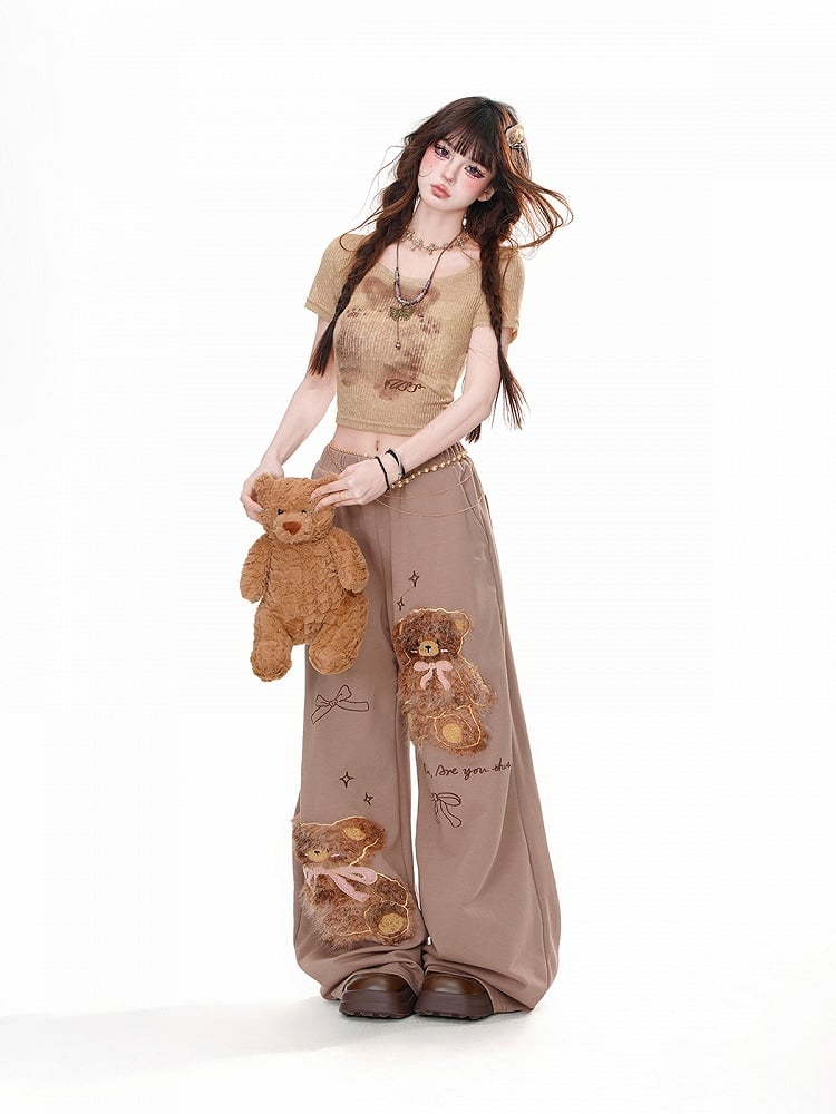Brown Plush Teddy Bear Bowknots Detail Loose Wide-Leg Pants