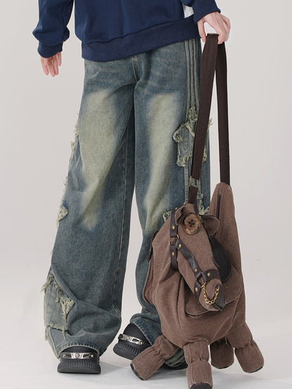 Patchwork Jeans Wide-Leg Distressed Star Blue Vintage - Detail