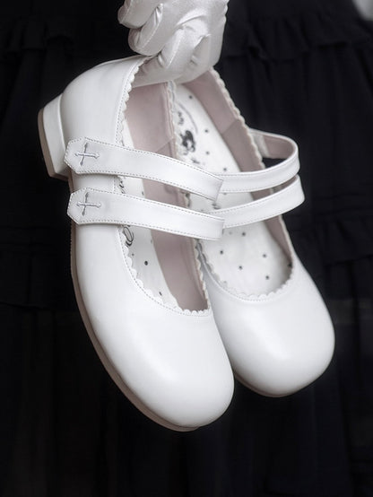 Round Cross White Flats Velcro Gothic Embroidery Toe Strap Closures