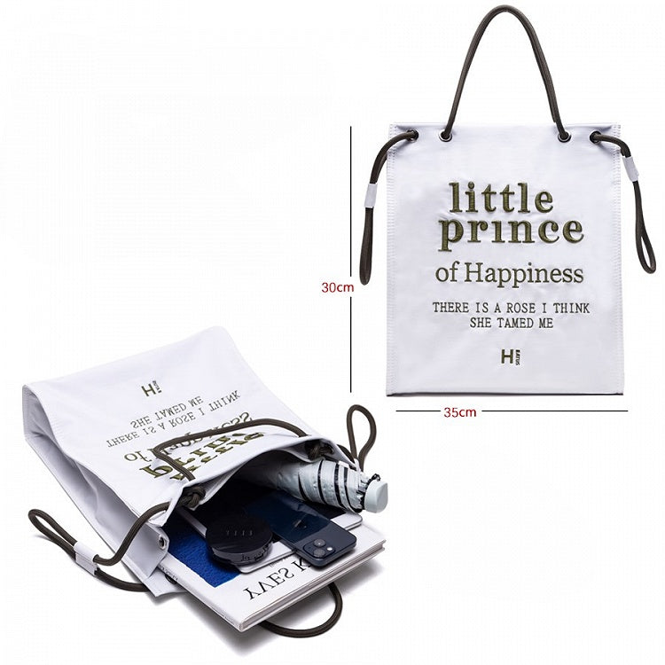 Tote Bag with Zipper Closure And Drawstring Strap Chic White  Green Alphabet Embroidery