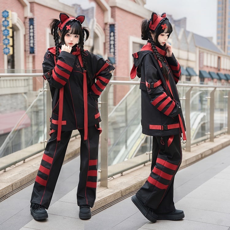 Black and Red Futuristic Techwear Jirai Kei Outfit Windbreaker Jacket  Shorts Leg Warmers Full Set