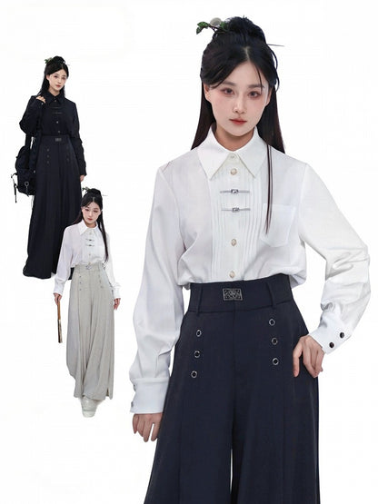 Metal Frog Button Accent Pleated Accordion Shirt in Black with Long Sleeves - Feng Hua Gui Guo Ling