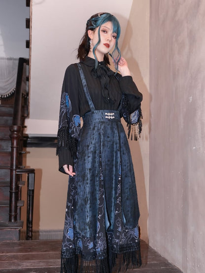 Style Skirt Overalls Straps Print Detachable Blue Jellyfish Black Tassel Hem with Cheongsam