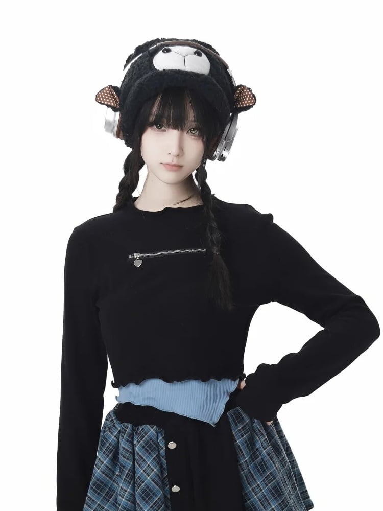 Blau-schwarzes Fake-Zweiteiler-Top mit Rundhalsausschnitt