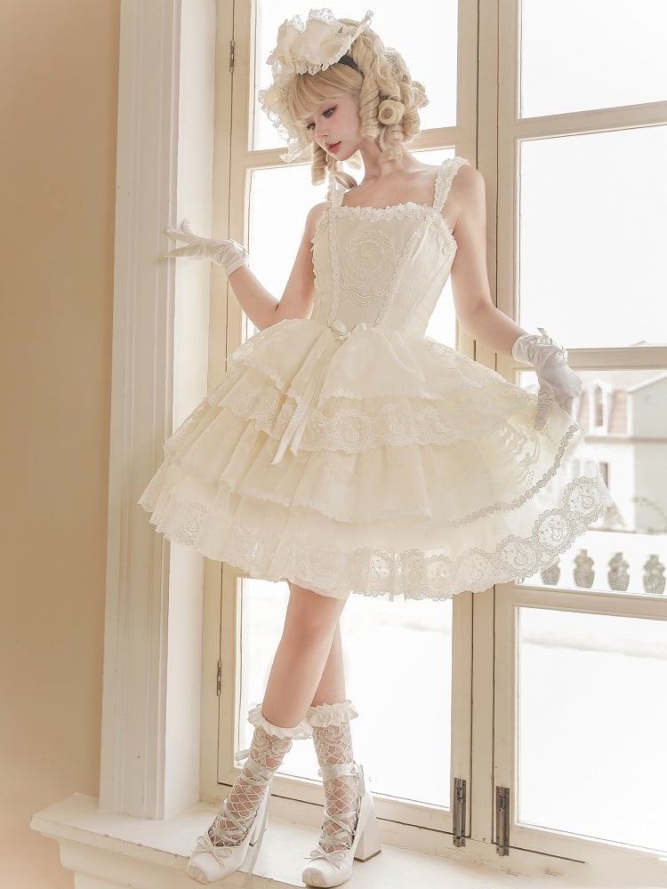 Korsett Stufenkleid Lolita Rock Weiß Creme Prinzessin