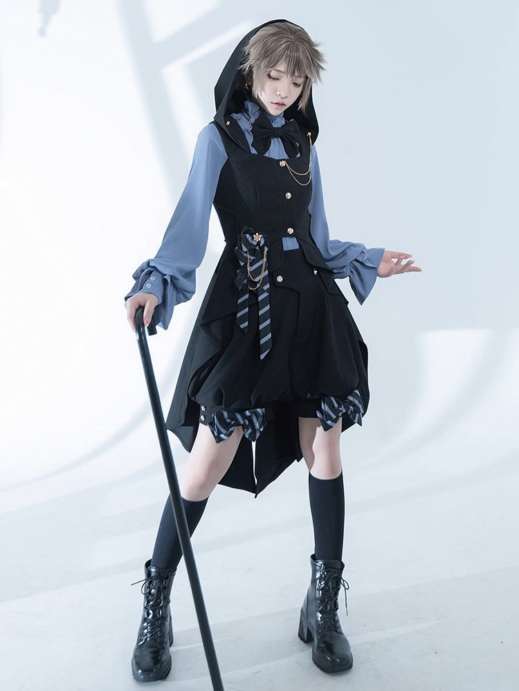 Bow Black with Ouji Train Back Fashion Big Waistcoat Hooded