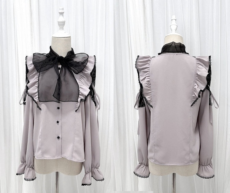 Jirai Kei Black/White/Dusty Cutout Shoulder Blouse Bow Neckline Big Pink