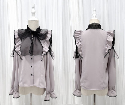 Jirai Kei Black/White/Dusty Cutout Shoulder Blouse Bow Neckline Big Pink
