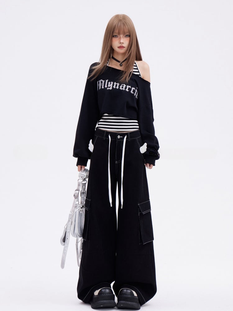 Glamorous Cropped-Sweatshirt-Set mit asymmetrischem Ausschnitt und weiß-schwarz gestreiftem Tanktop