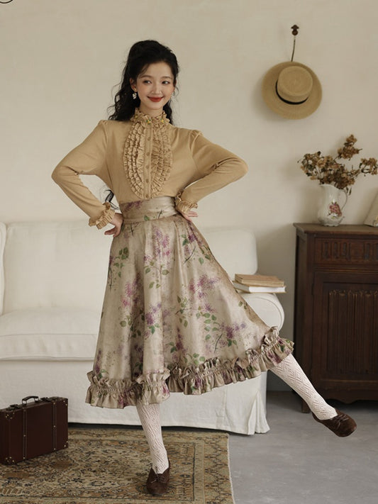 ヴィンテージパープルフローラルプリントフリルトリムハイウエストスカート