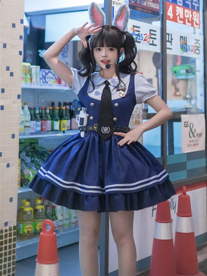 Marineblaues Kleid mit Peter-Pan-Kragen und kurzen Ärmeln, zweiteilig