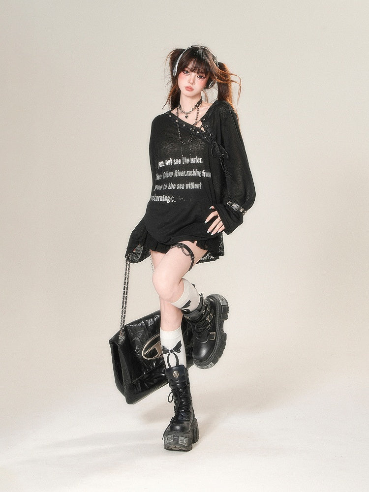 Schwarz/weißes, halbtransparentes Sonnenschutz-Top mit asymmetrischem Ausschnitt und Schnürdetail