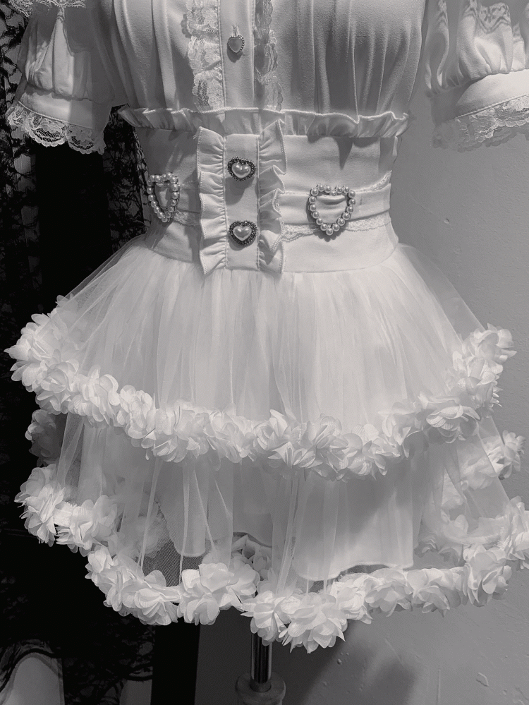 Black Tiered Back / Skirt Jirai Ties Kei Mesh and Beaded White Sweetheart with