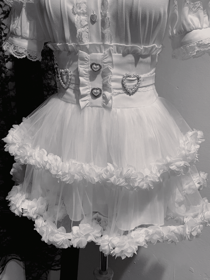 Black Tiered Back / Skirt Jirai Ties Kei Mesh and Beaded White Sweetheart with
