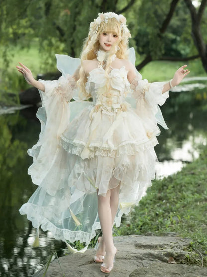 Lolita Fairycore Kleid JSK Beige Volles Design Prinzessin und Set Schmetterling Blumen