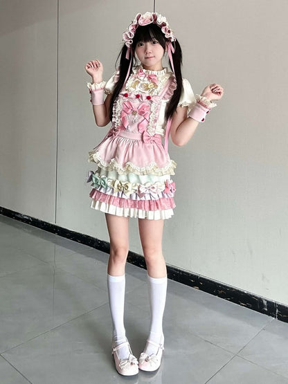 Kawaii Pink 3D Horse Embroidery Short Sleeve Blouse with Bow Layered Ruffle Skirt Set - Sweet Dream Box
