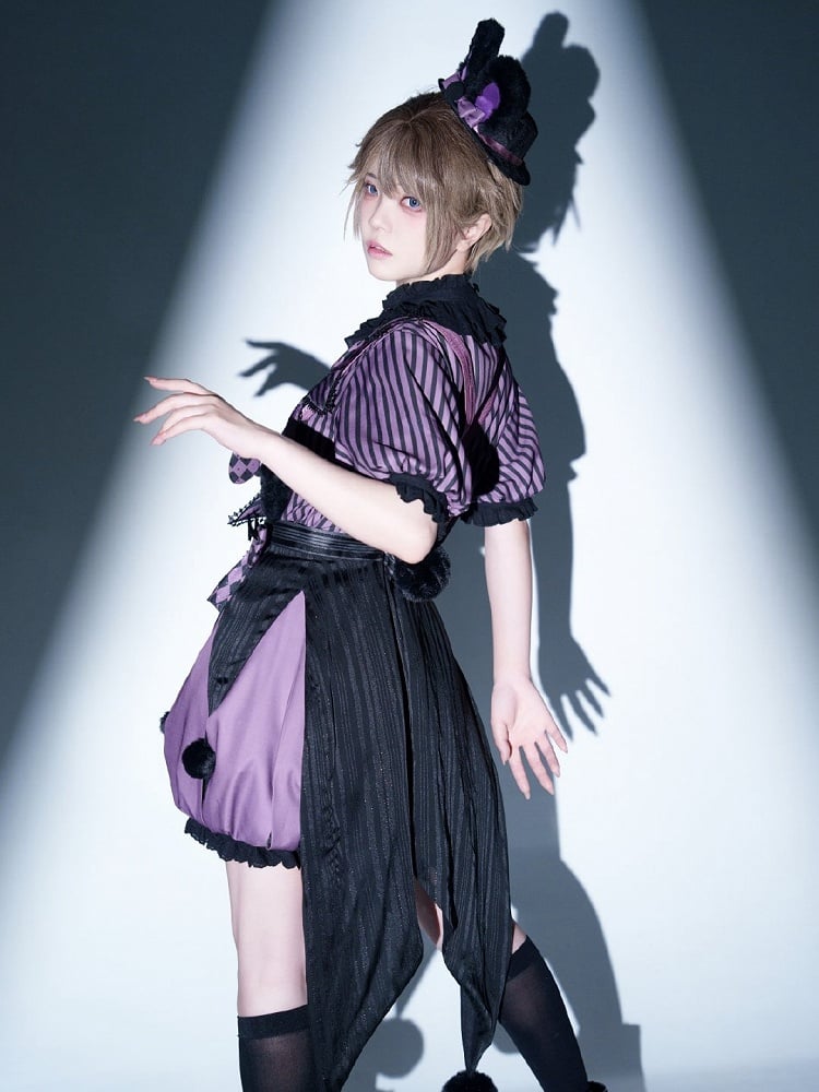 + Bloomers Vibes Theme Kuromi Bunny Purple Circus Lolita Ouji Black Set Pattern and Top Striped