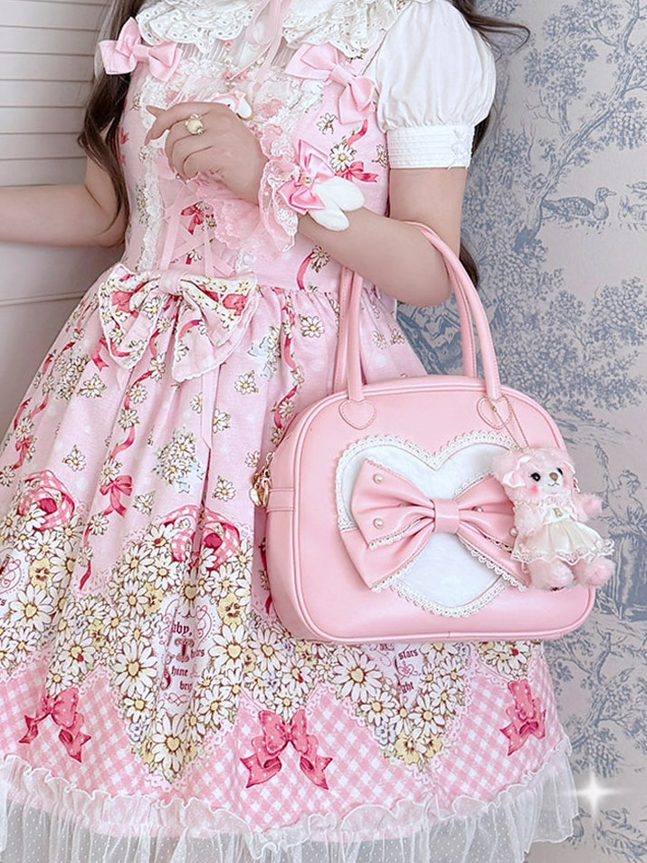 Perlenverzierte Schleife Plüschhandtasche Rosa Süßes Lolita-Herz