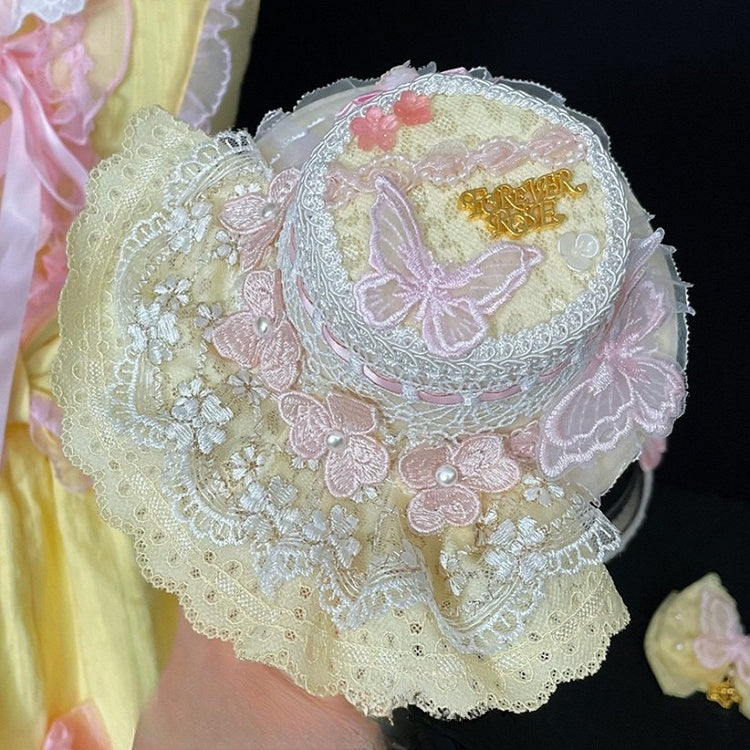 Hat Mini Design Floral Butterfly Lolita PinkYellow Lace Sweet And Trim