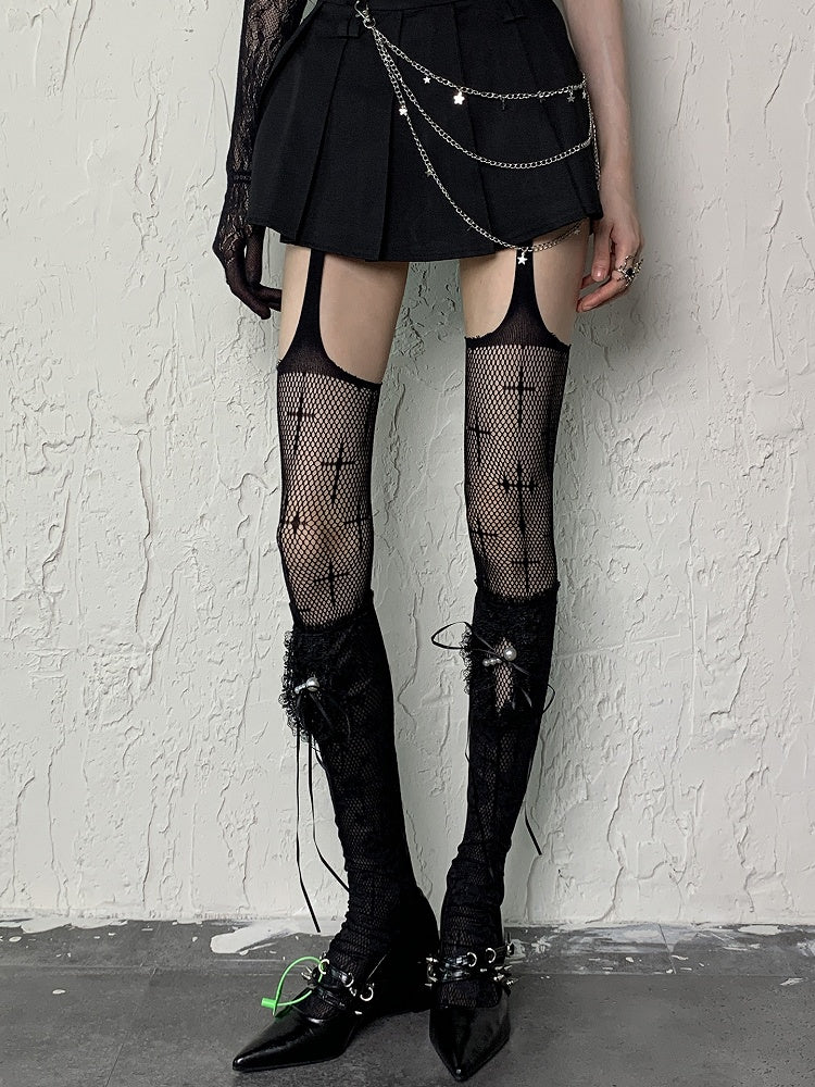 Pearl Self-tie Stockings Black Straps Floral Y2K Pattern Semi-sheer Underknee With Charms