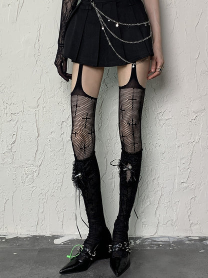 Pearl Self-tie Stockings Black Straps Floral Y2K Pattern Semi-sheer Underknee With Charms
