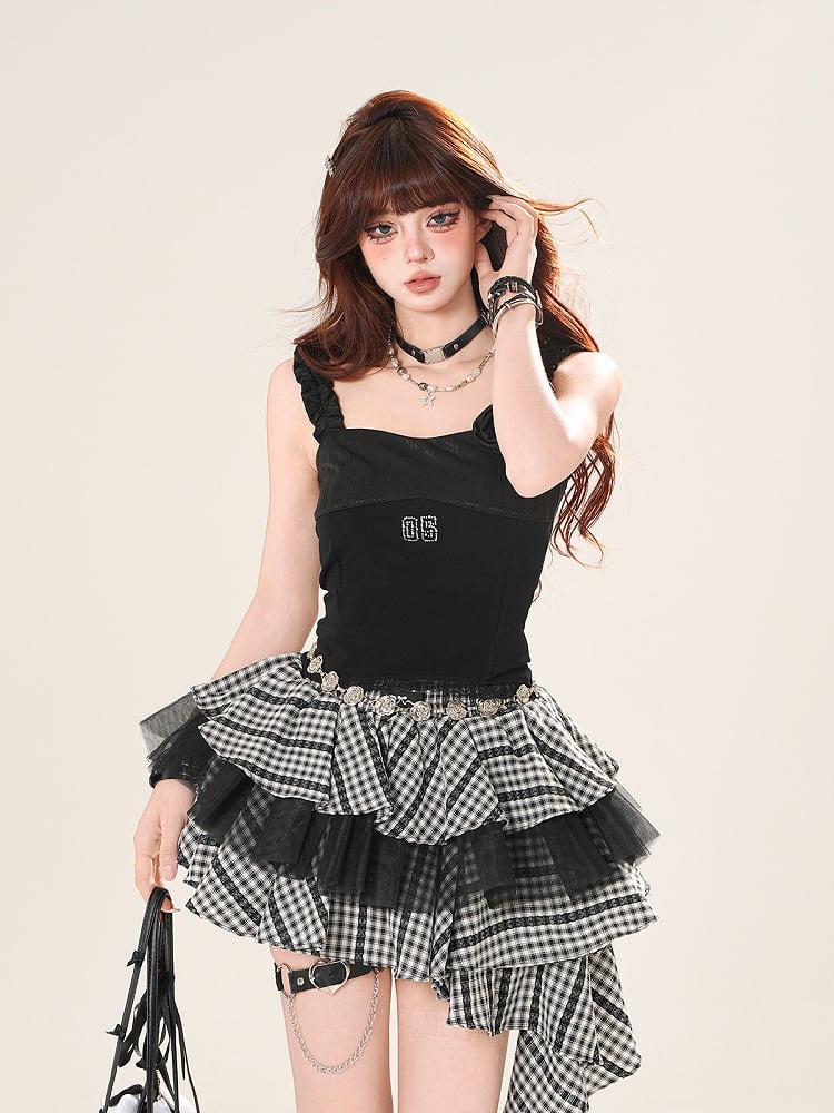 ホワイト/ブラック ノースリーブ トップス スクエアネック 花柄装飾