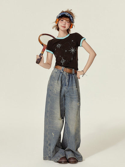 Retro Style Short Sleeve Summer T-Shirt - Star Embellished & Round Neck - Girlyhalo