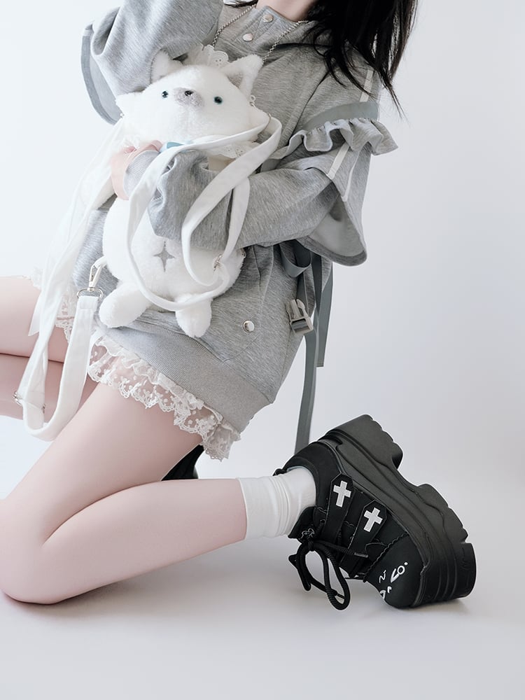 Yami Kawaii Matte Black Cross Velcro Strap Kitty Ears Platform Shoes