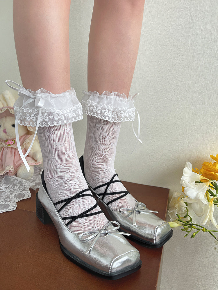 Lolita Decoration Pattern Socks Mesh Ruffle with Bow White/Black/Apricot