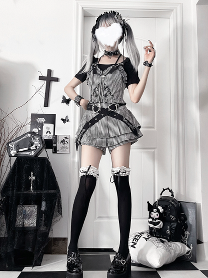 with Zipper Ruffled White Heart Vest Gothic Black Cross Houndstooth Straps Buckle