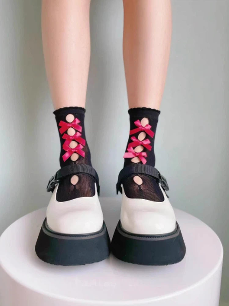 Colors) Bow Cutout (6 Sheer Detail Lolita Style Socks
