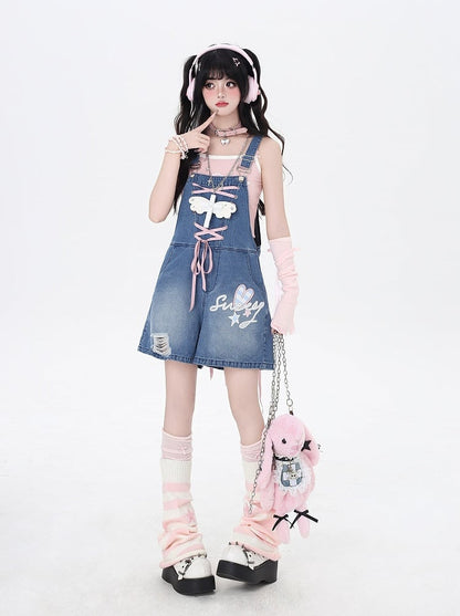Blue Denim Overall Shorts Bunny Ears Design Back Adorable Lace-up