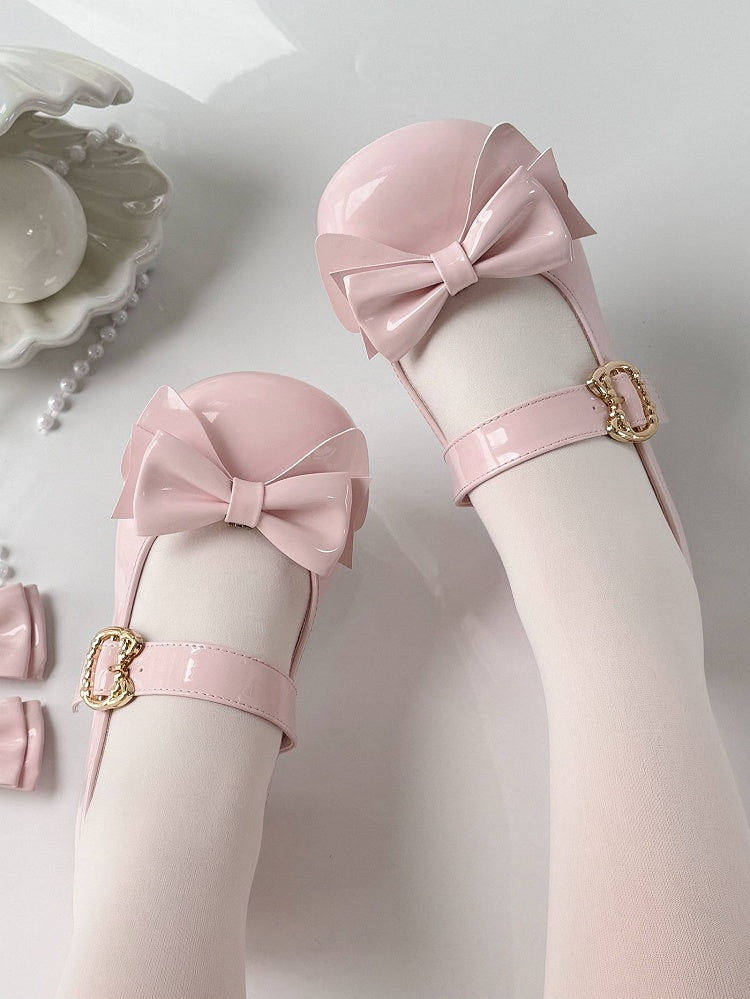 PU Bow 2cm Heeled with Detachble Jane Clips Mary Cat-shaped Buckle Round-toe Pink