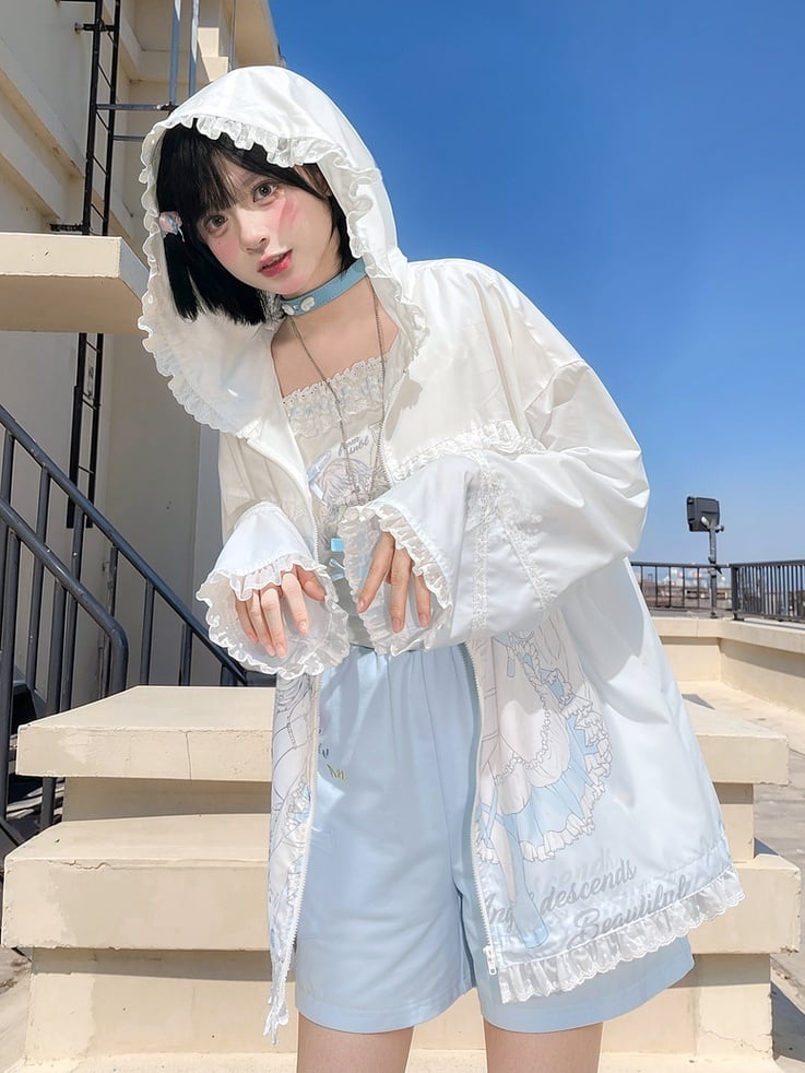 日焼け防止フード付き青と白のアニメガールプリントフリル裾ジャケットレース