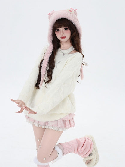 White Cutout Shoulder Knit Top with Sweet Bows - CRAZY GIRL