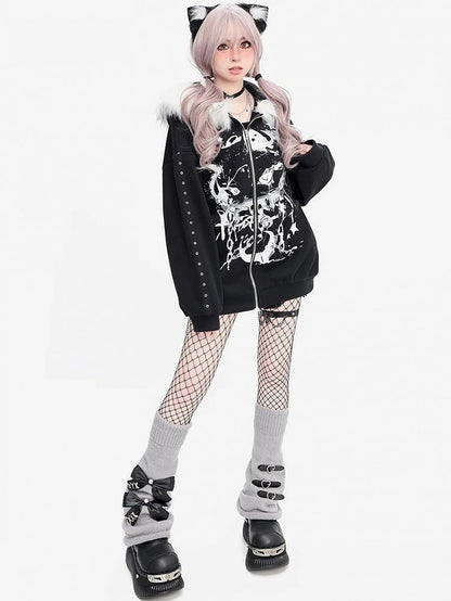 Punk Anime Cat Schwarz Dicker Kapuzenpullover mit Reißverschluss