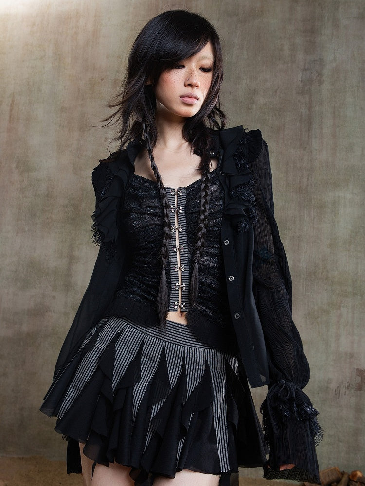 Gothic Floral Semi-Sheer Blouse Chiffon Sleeves Black Embroidery Punk Poet with