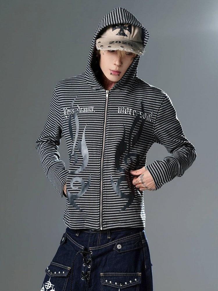 Black & White Striped Hooded Jacket with Musical Note Prints - DETW OnLine