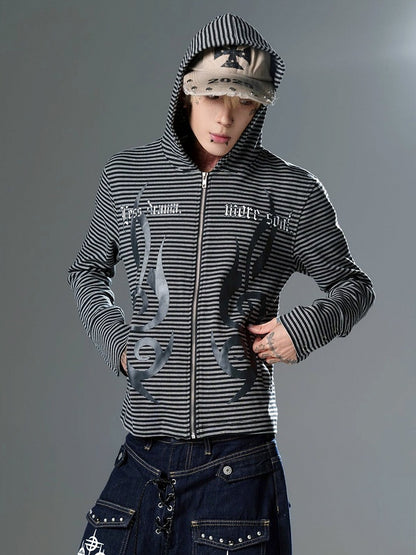 Black & White Striped Hooded Jacket with Musical Note Prints - DETW OnLine