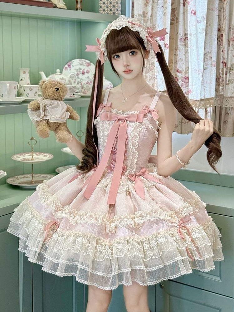 Kleid Rock verziert süß Jumper Lolita Balletcore rosa Bowknots