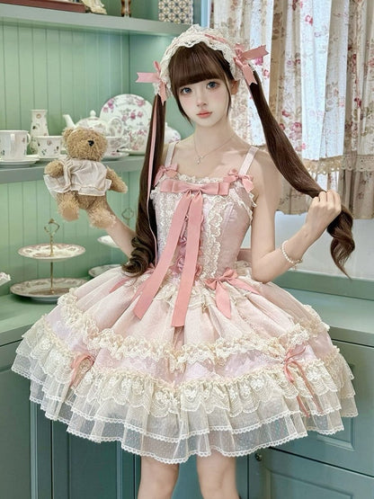 Kleid Rock verziert süß Jumper Lolita Balletcore rosa Bowknots