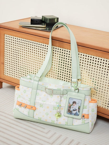 Detachable And Card Green White Ita with Accents Holder Large Strap Clover-Themed Bag Capacity Tote