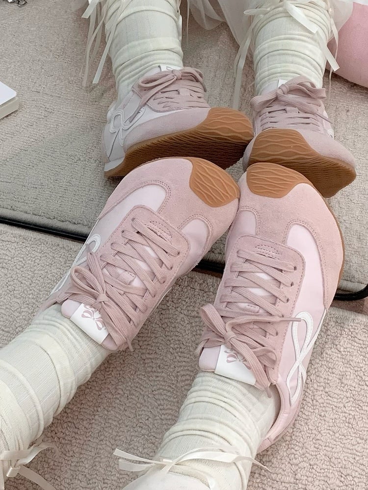 Ties Design Sneakers Pink Bowknot Lace-up Front