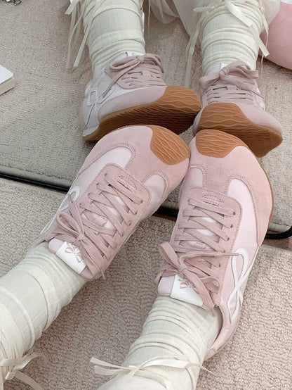 Ties Design Sneakers Pink Bowknot Lace-up Front