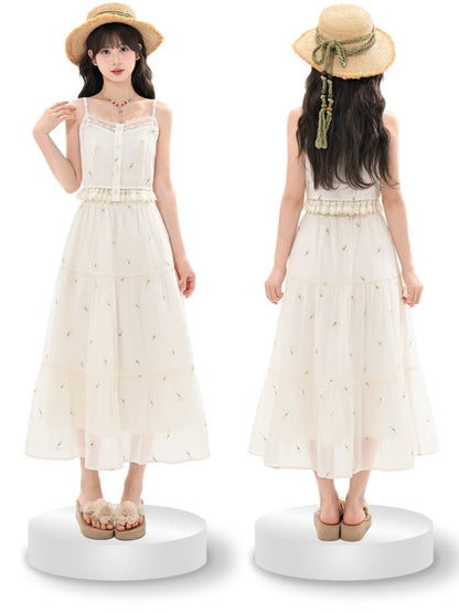 チュールスカート ケイ ベージュ ウエストゴム 花柄刺繍 森