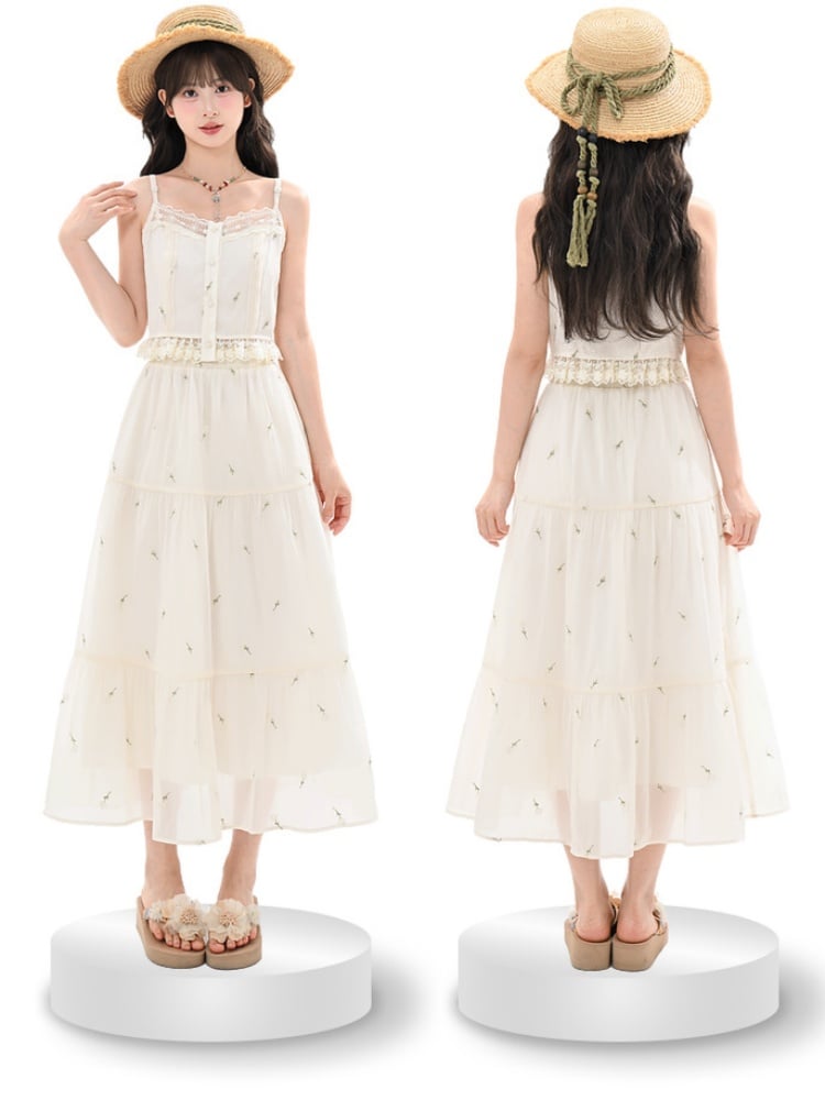 Kei Buttons ベージュ フローラル刺繍 レーストリム フローラル モリ キャミトップ