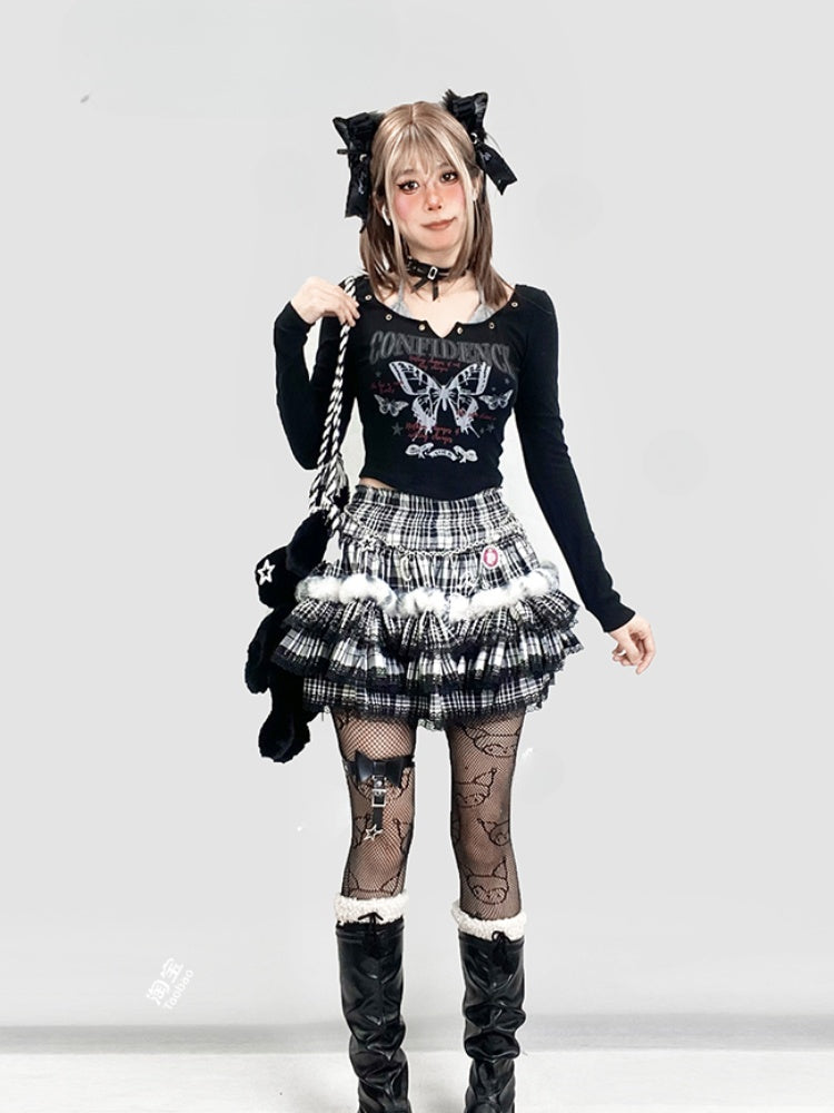 ブラックチェック柄レーストリムティアードスカート