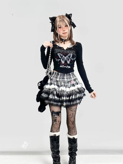 ブラックチェック柄レーストリムティアードスカート