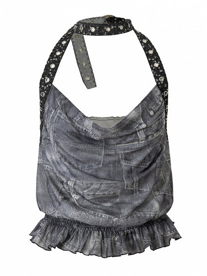 Punk Cowl Glamorous Neck Rüschen Trim Top Ödland Ausschnitt Halter Blau